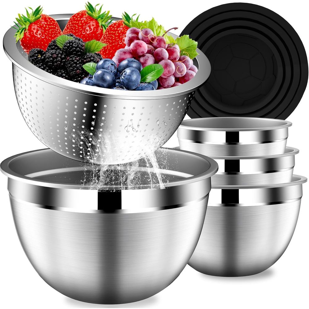 Stainless Steel Strainer - Set Mangkuk Pencampur dengan Tutup, Mangkuk